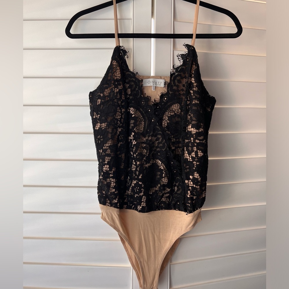 NWOT Nude Bodysuit with Black Eyelet/ Lace Overlay